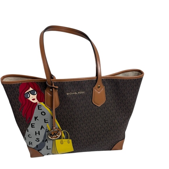 Michael Kors signature brown two handle tote bag with unique graphic  on front - Picture 2 of 13